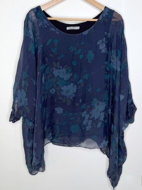 Elena Baldi Flowy Silk Short Sleeve Floral Blouse in Navy